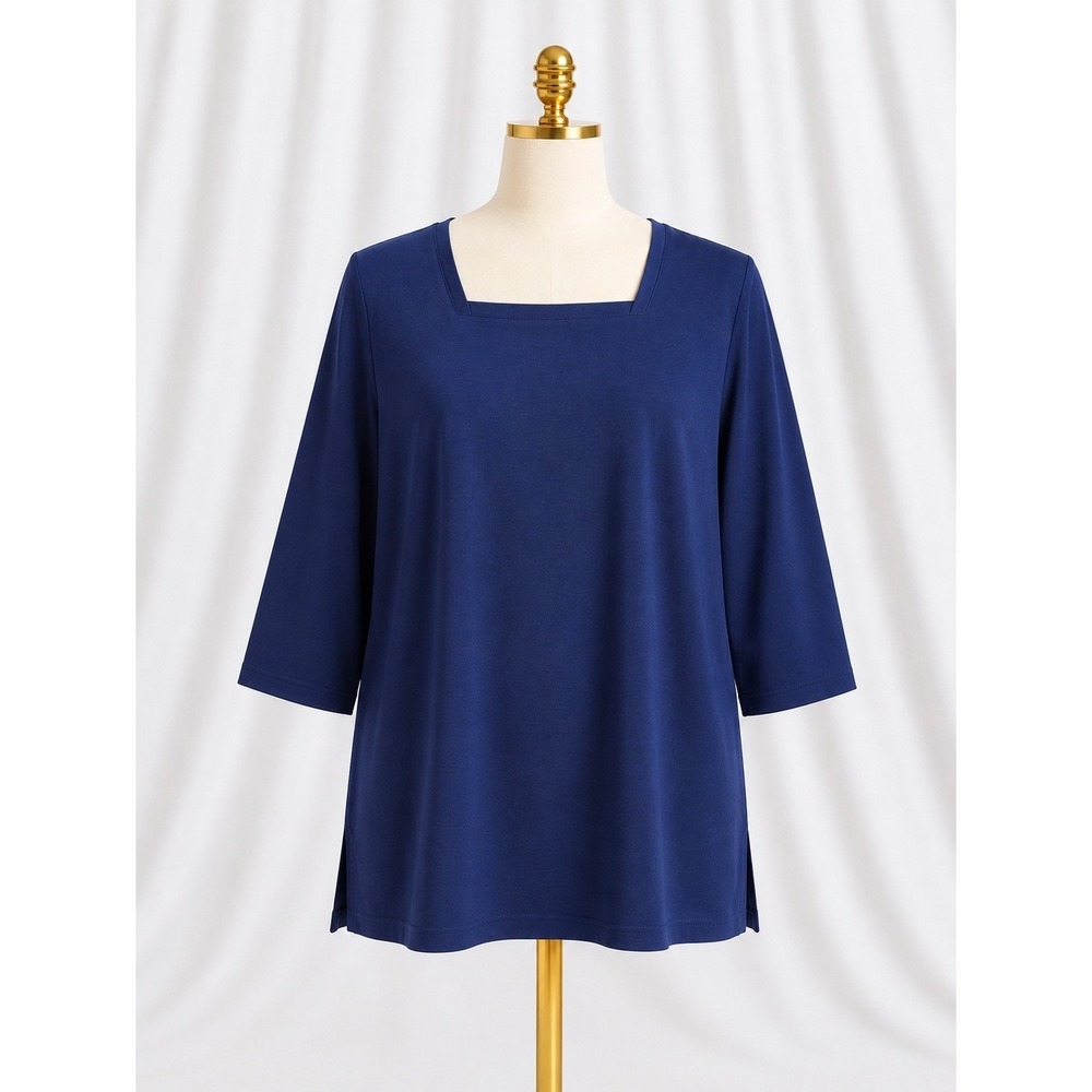 Isaac Mizrahi Live Essentials Pima Cotton Square Neck Tunic Top 3/4 Slv‎ Navy 3X